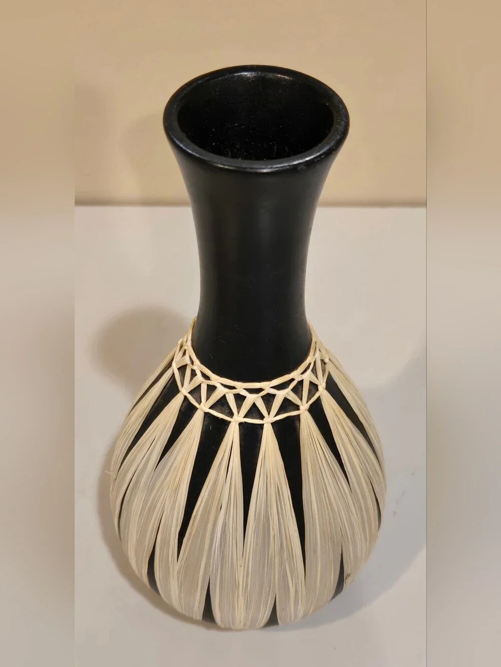 Vintage Gmunder Keramik Vase with Natural Raffia Detailing